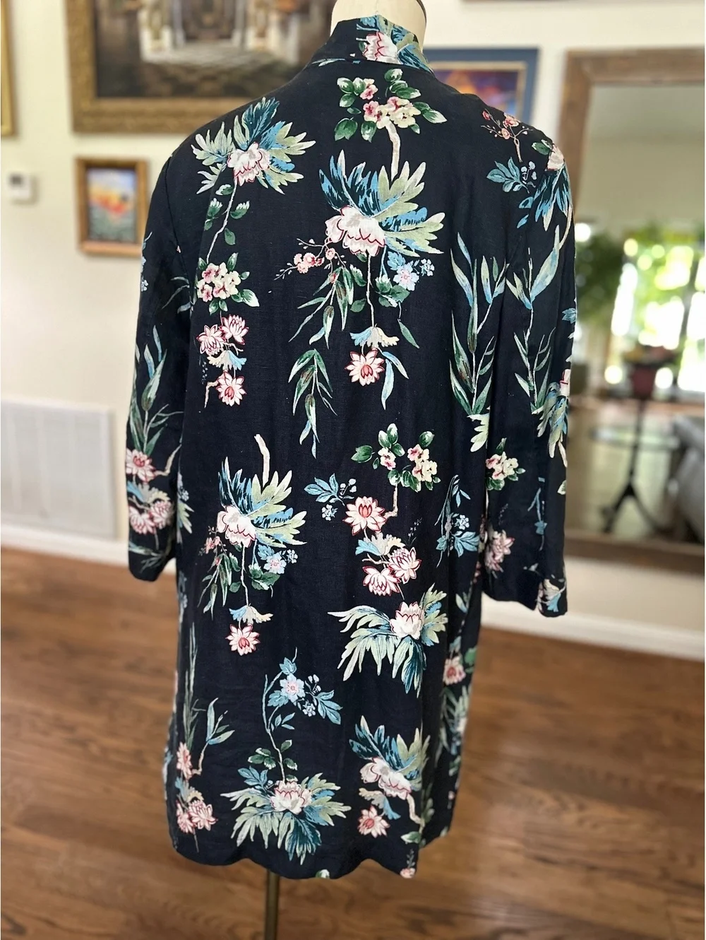 Johnny Was Workshop Linen Navy Blue Floral Print Long Sleeve Duster Size M